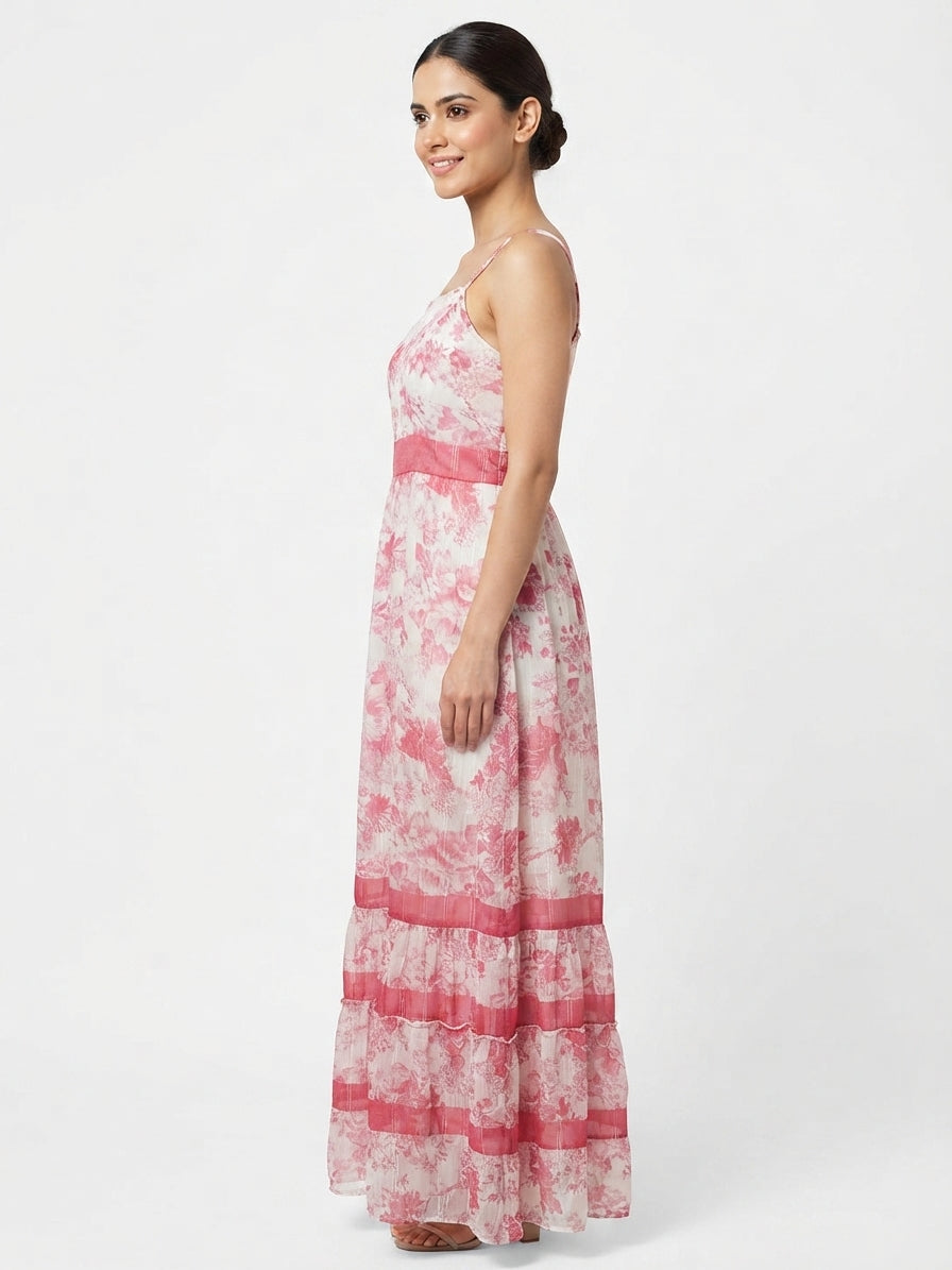 Women's Pink Floral Printed Flared Dress