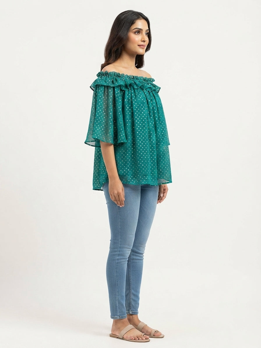 Teal Polka Dot Ruffled Off-Shoulder Top