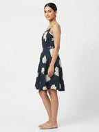 Navy Blue  Floral Print A-line Dress
