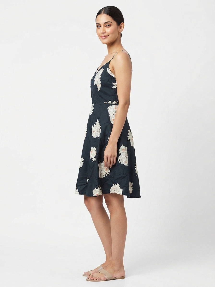 Navy Blue  Floral Print A-line Dress