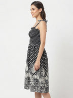 Black & White Polka Dot Floral Printed Smocked Dress