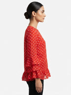 Red Polka Dot Ruffle Sleeve Top