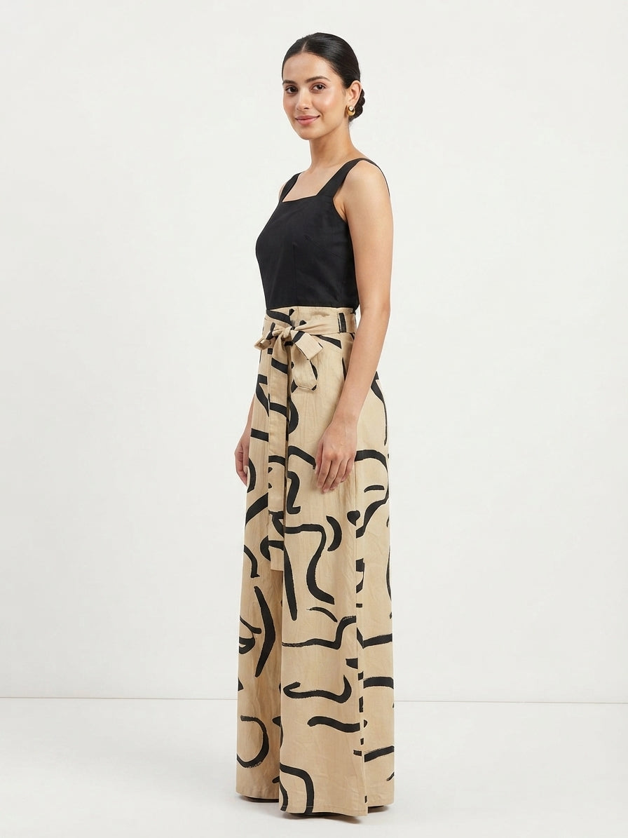 Women's Black & Beige Abstract Print Color Block Maxi Dress