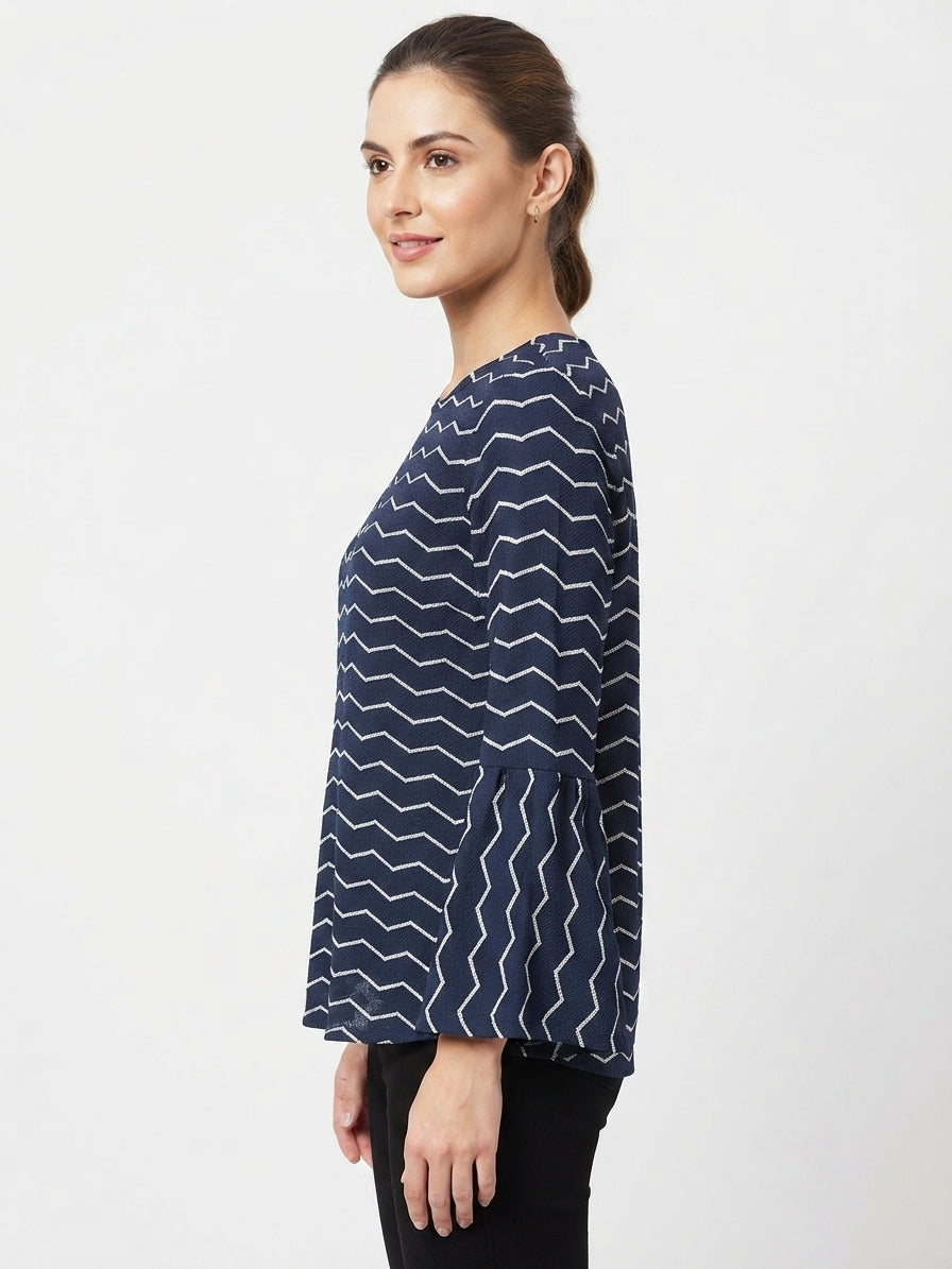 Navy Blue Geometric Print Bell Sleeve Top