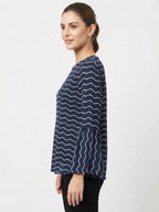 Navy Blue Geometric Print Bell Sleeve Top