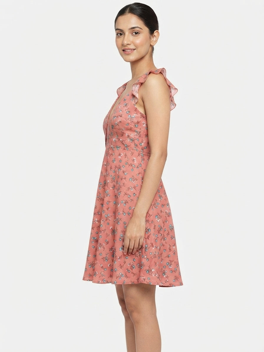 Peach Floral Printed A-line Dress