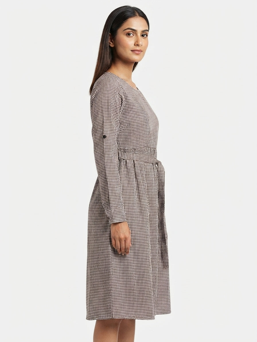 Brown & White Checkered Casual Midi Dress