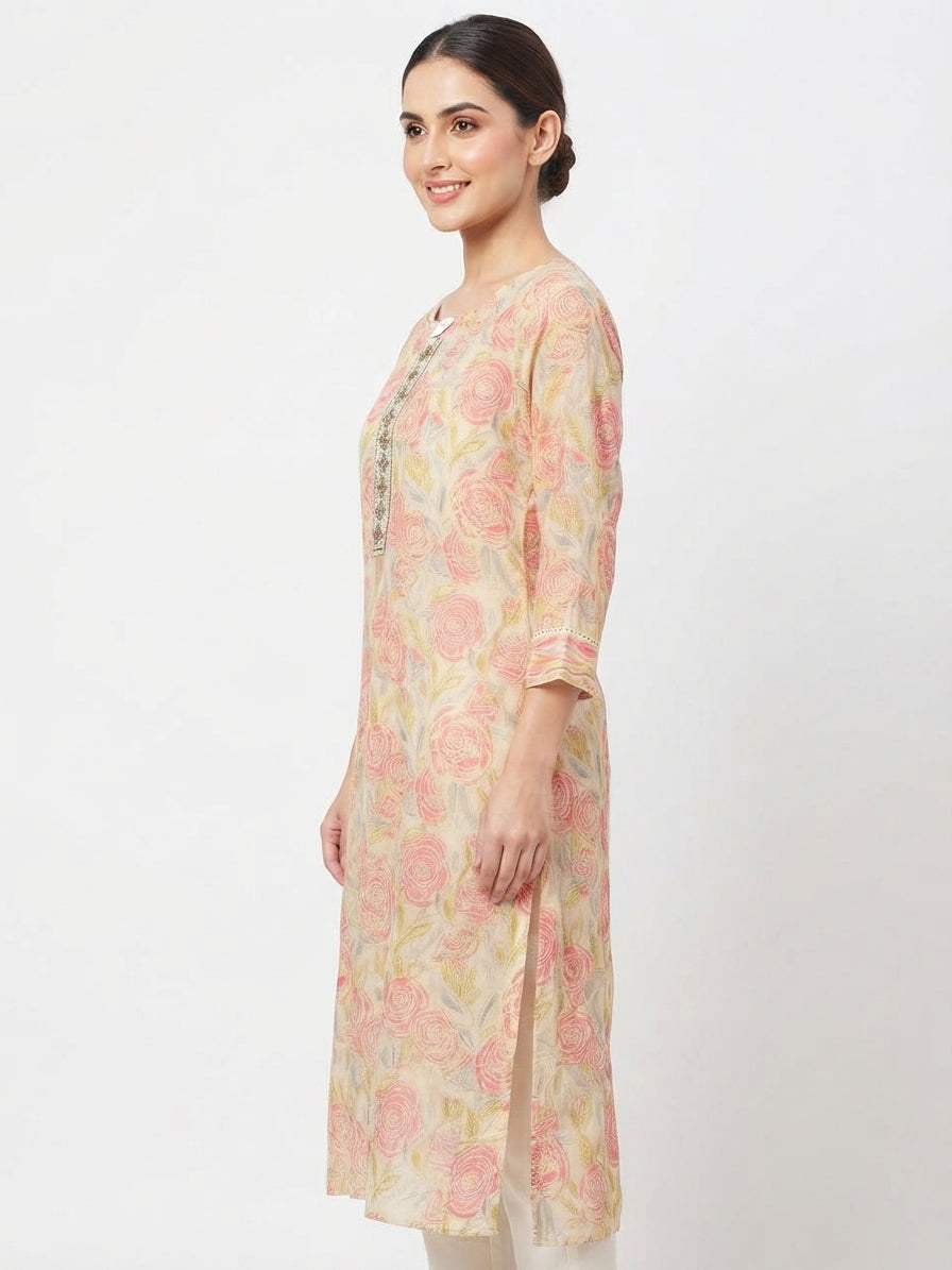 Off White Floral Printed Kurti with Embellished Neckline