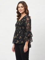 Black Floral Printed V-Neck Top
