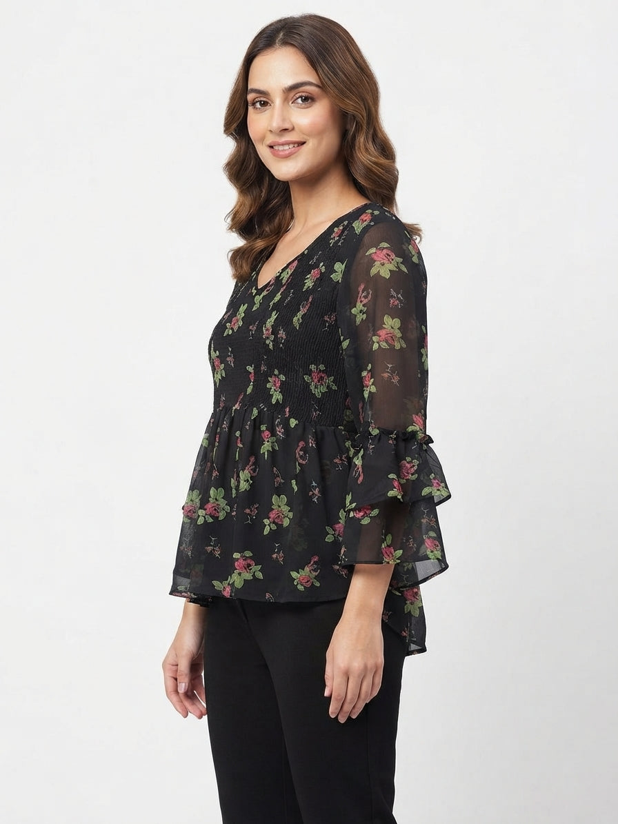 Black Floral Printed V-Neck Top