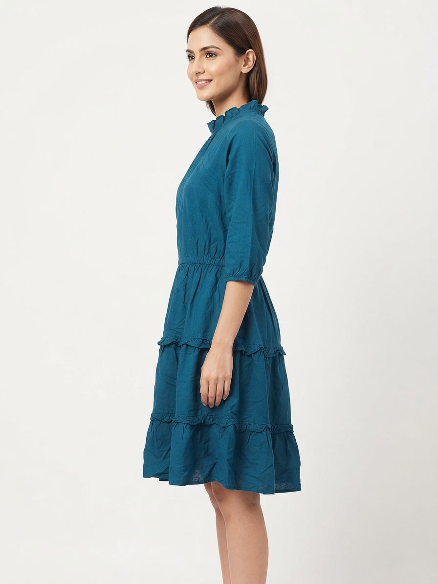 Teal Ruffled Neck Tiered Casual Dress