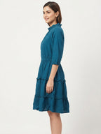 Teal Ruffled Neck Tiered Casual Dress
