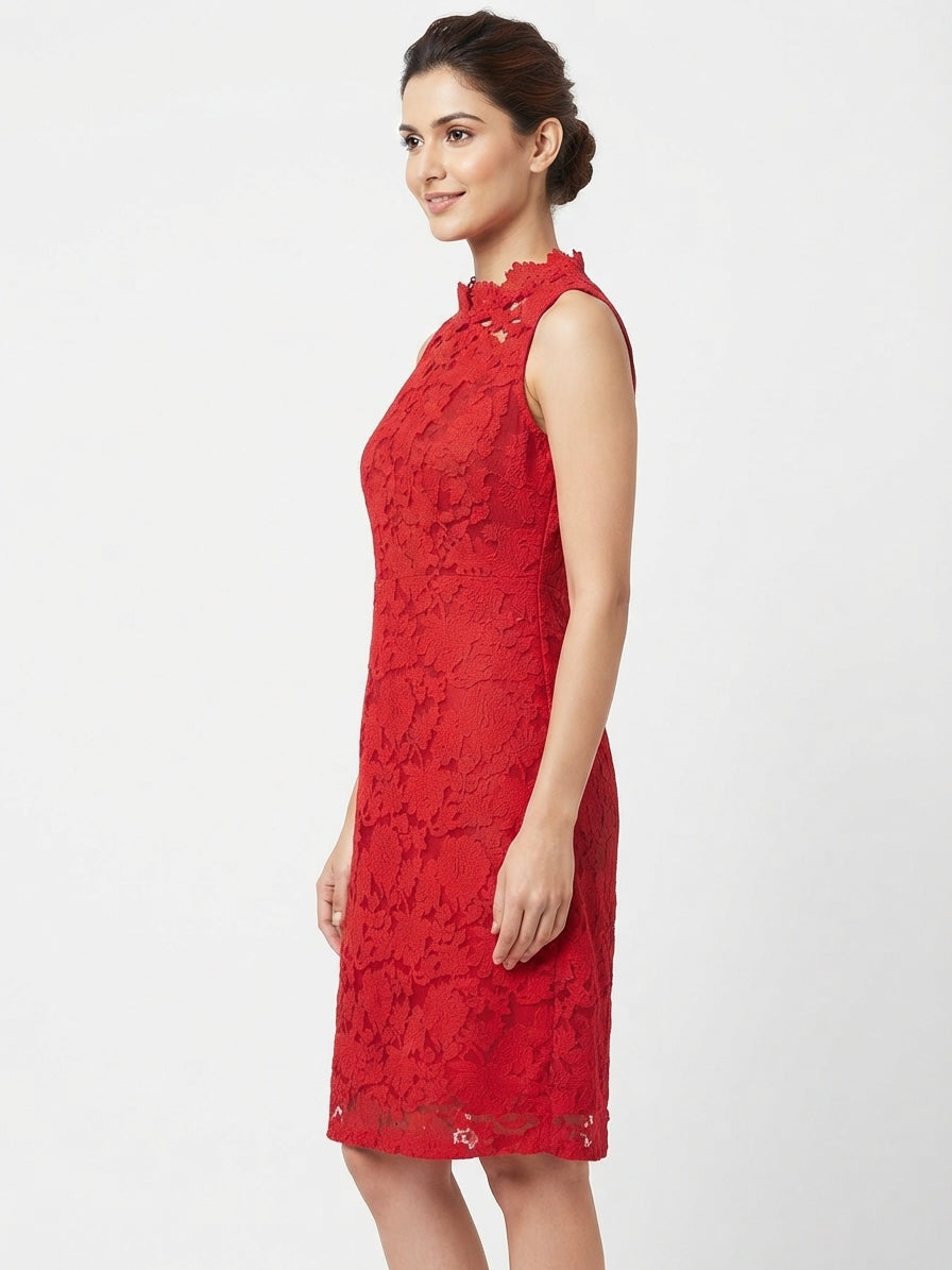 Red Floral Lace Sleeveless Party Dress