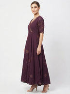 Plum Flared Kurti with Ethnic Gold Print