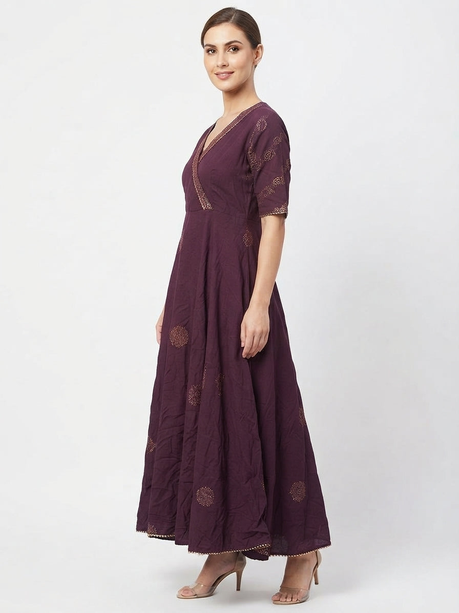 Plum Flared Kurti with Ethnic Gold Print