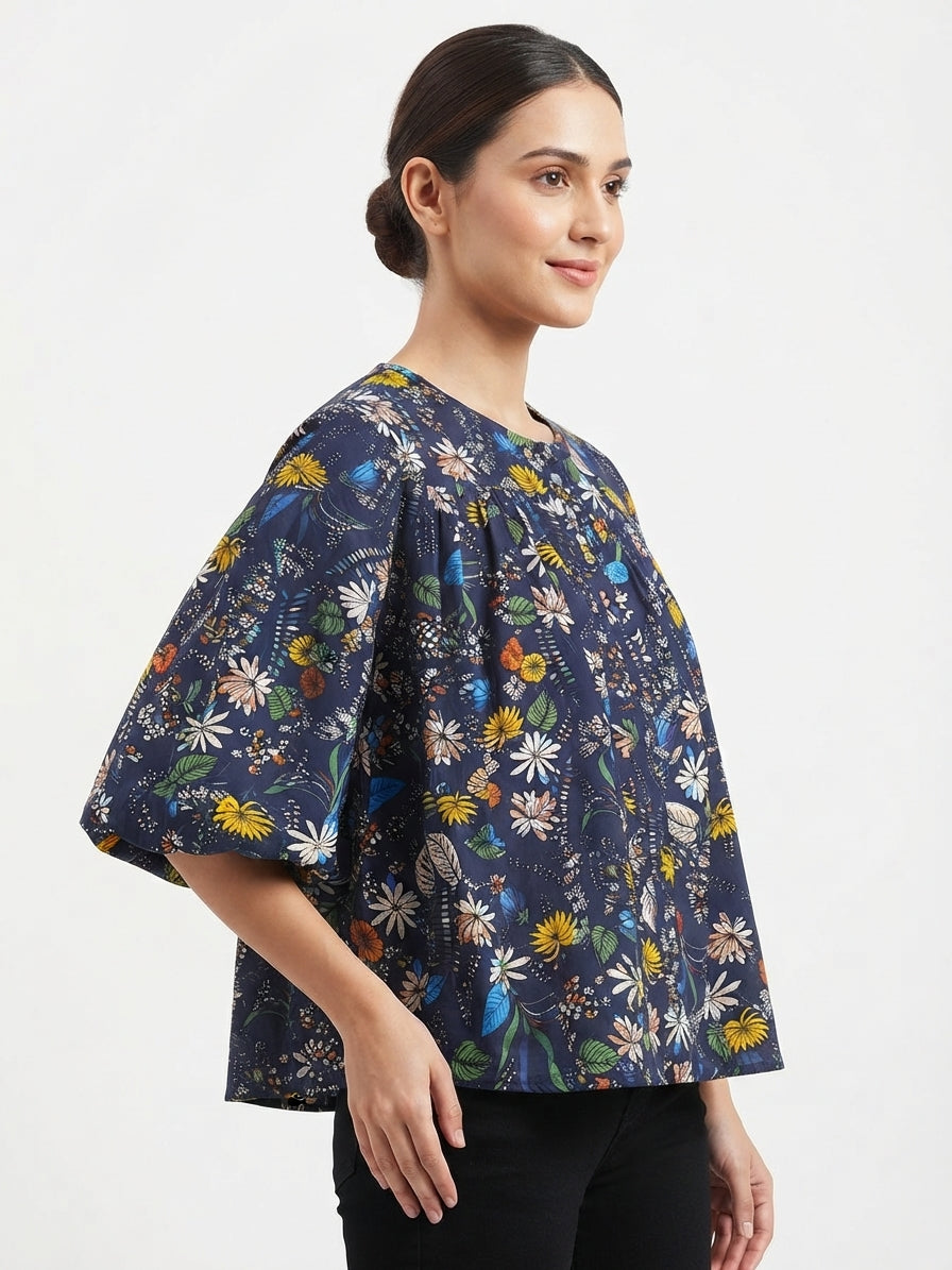 Navy Blue Floral Printed Round Neck Top