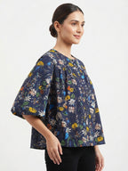 Navy Blue Floral Printed Round Neck Top