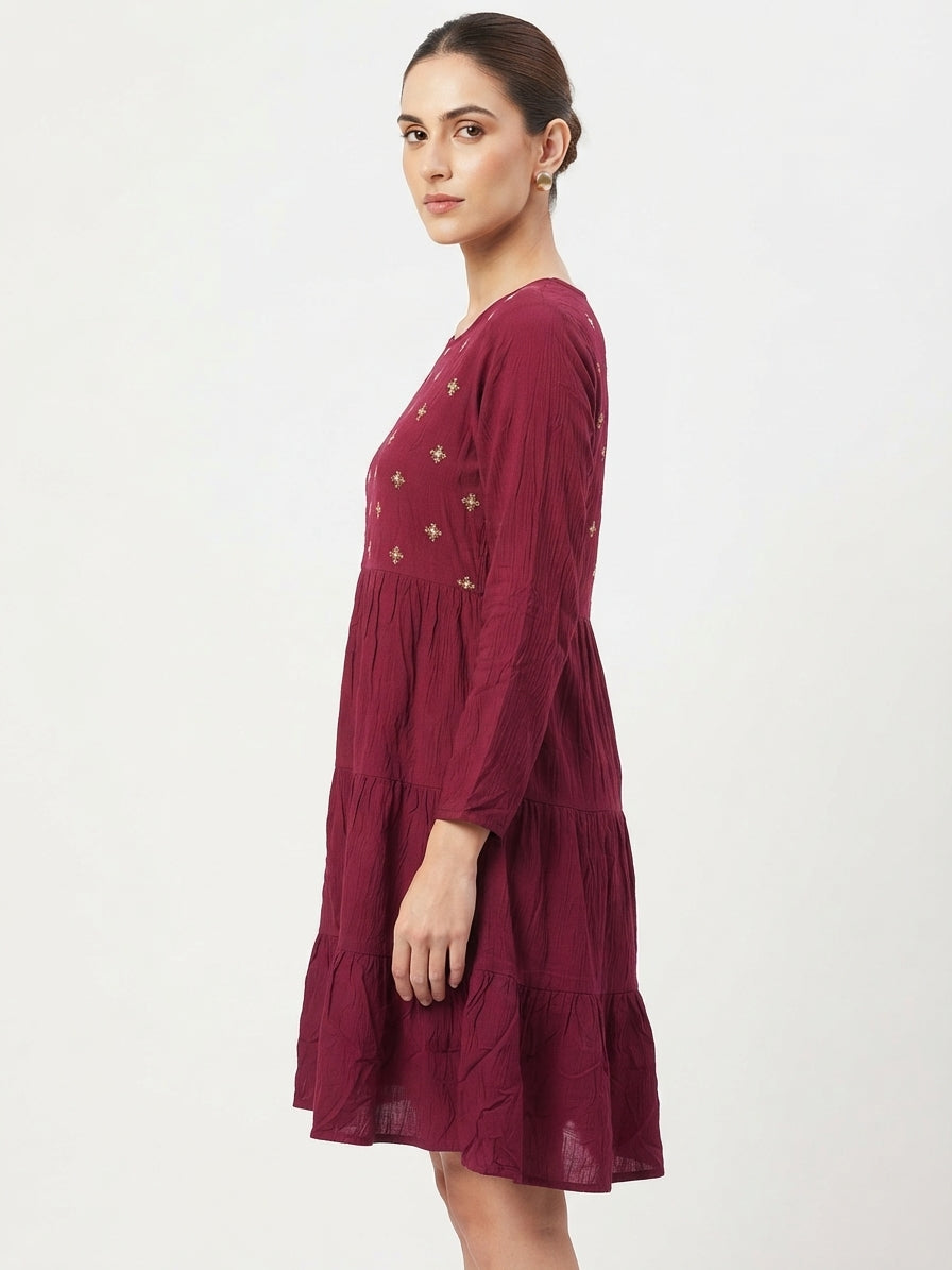 Burgundy Embellished Flared Dress