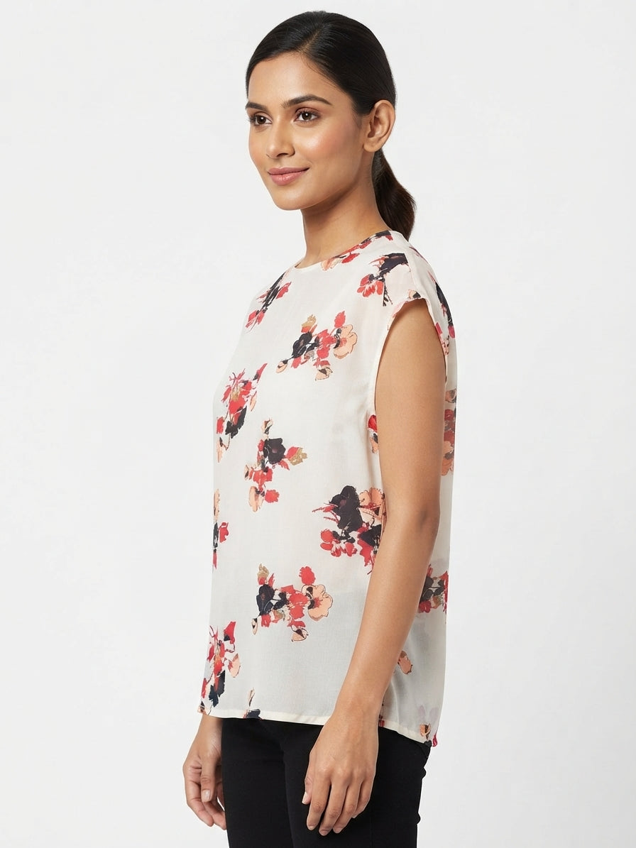 Women's Off White Floral Print Sleeveless Regular Fit Top