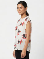 Women's Off White Floral Print Sleeveless Regular Fit Top