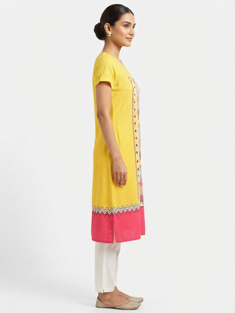Women's Yellow & Pink Ethnic Print Straight Kurti