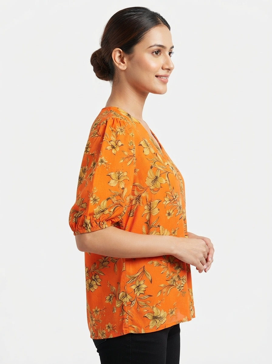 Orange Floral Print V-Neck Top
