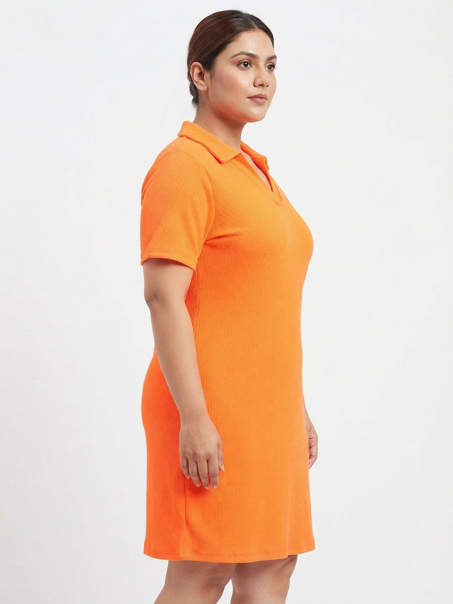 Orange Textured Ribbed Collar Dress