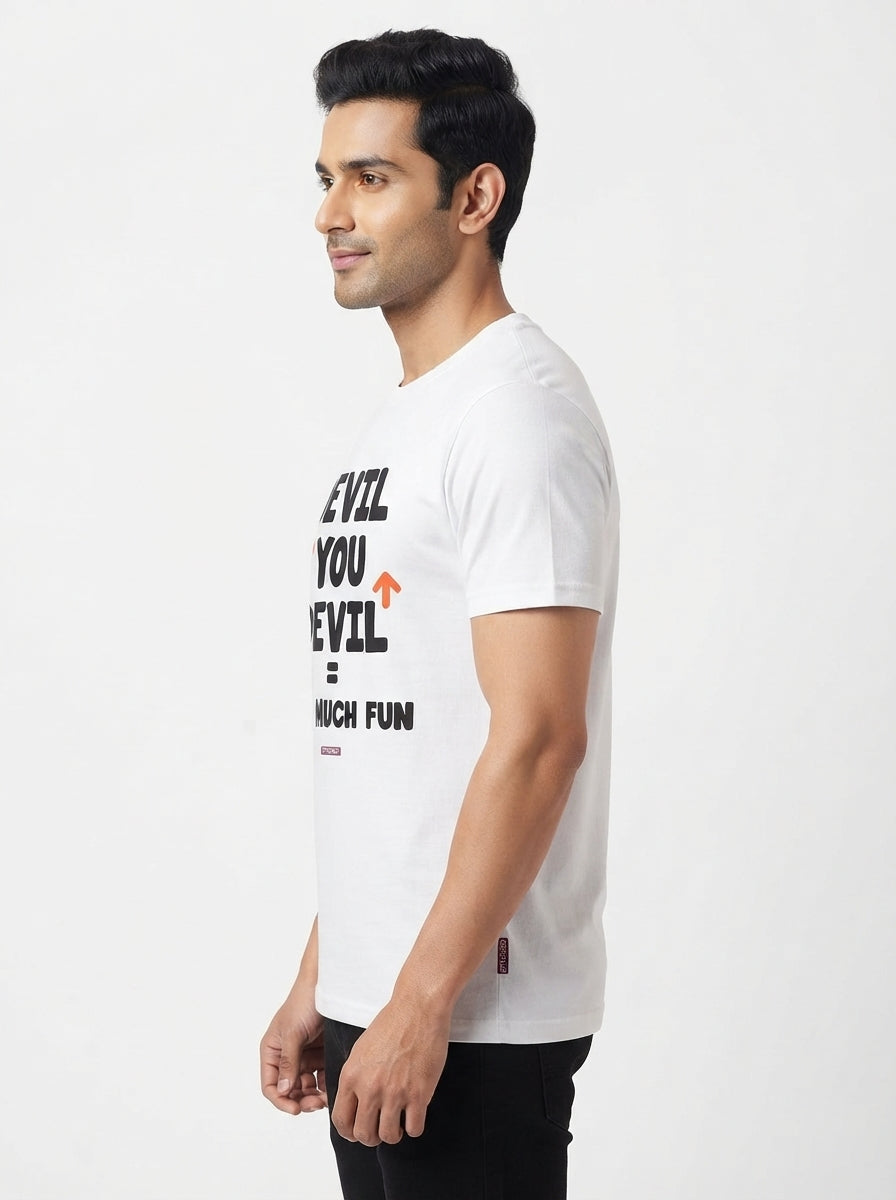Aap Devil ke Peeche, Devil Aap ke Peeche, Too much Fun - Quirky Graphic T-Shirt White Color