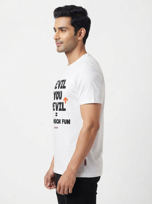 Aap Devil ke Peeche, Devil Aap ke Peeche, Too much Fun - Quirky Graphic T-Shirt White Color