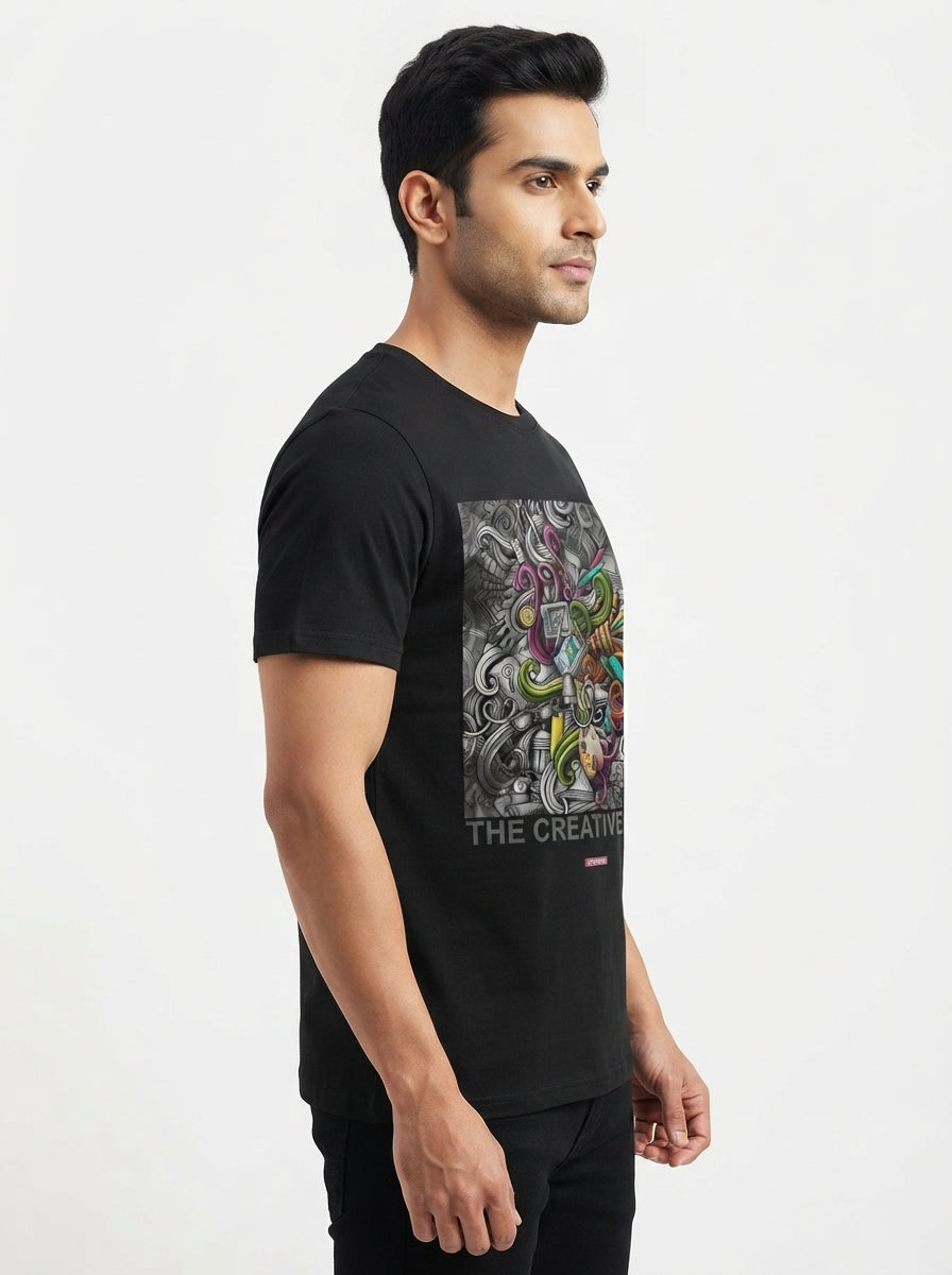 Creative Type - Block printed creative art round neck black tshirt