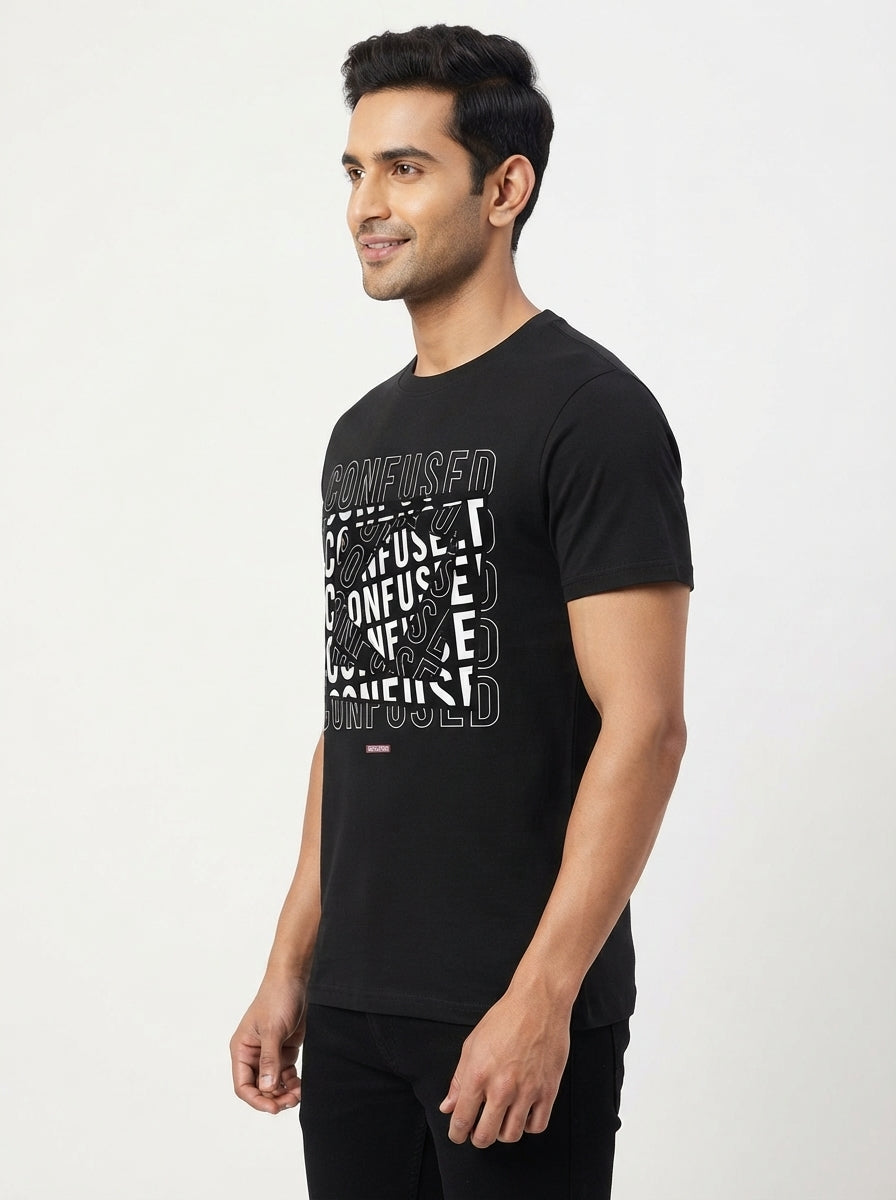 Confused - Textual Casual Black Tee Round neck