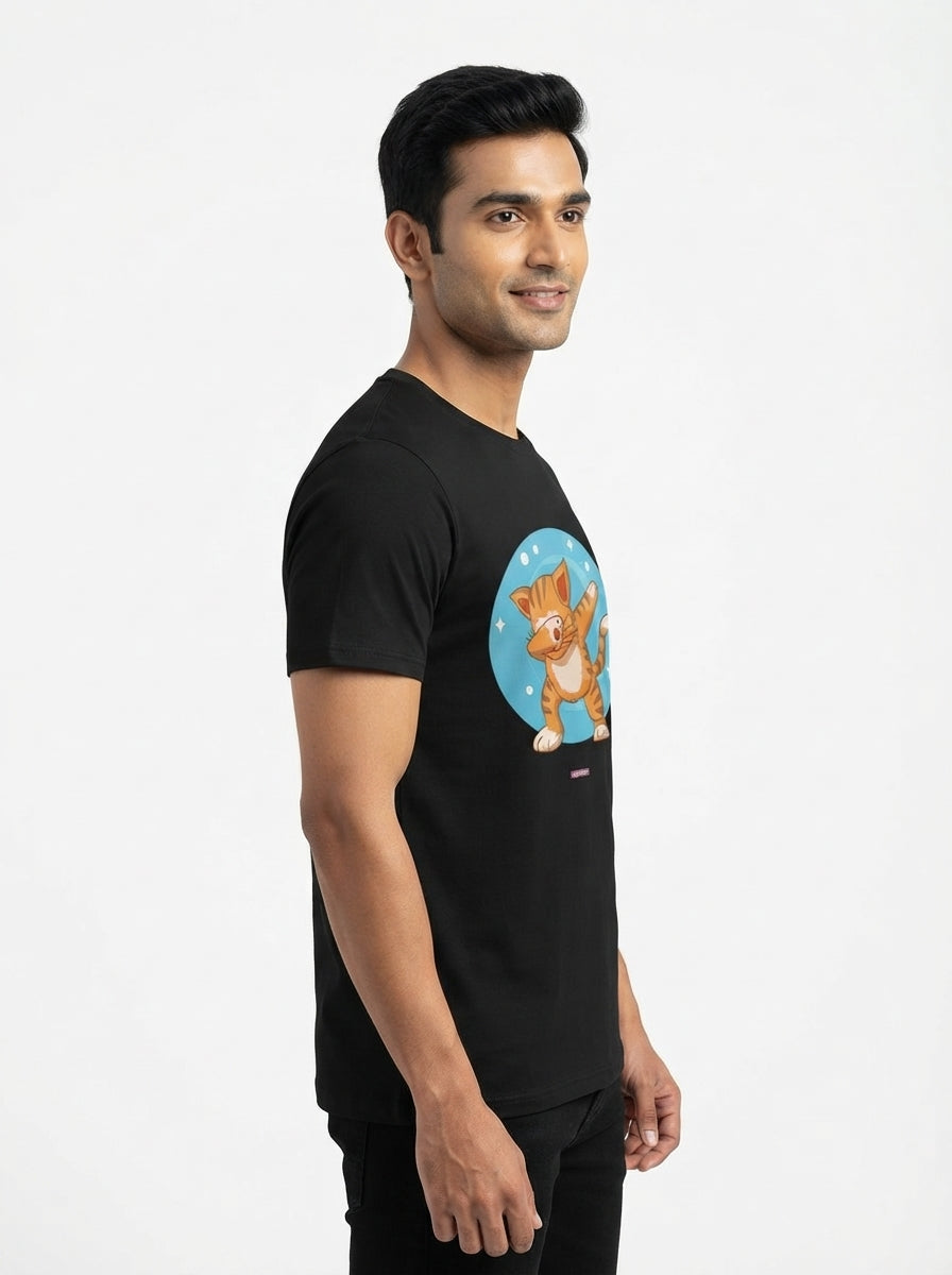 Cat showing off Dab Dance moves - Quirky Graphic T-Shirt Black Color