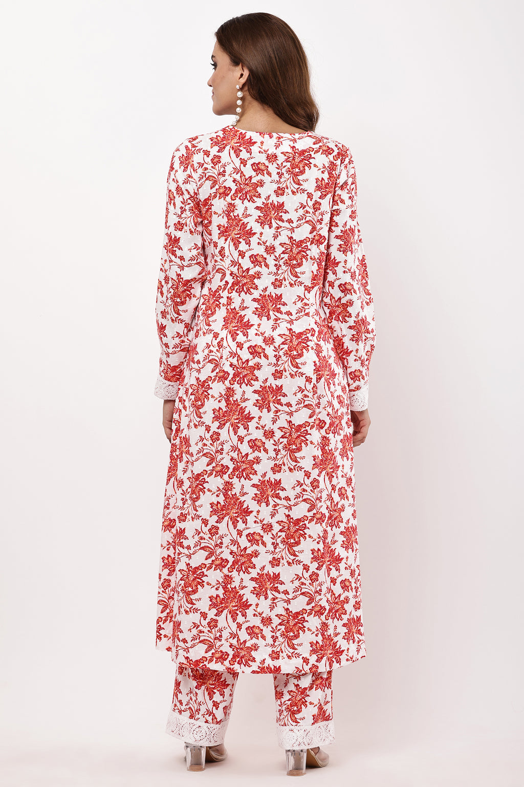 Samayanusar White & Red Floral Printed A-Line Kurta Set