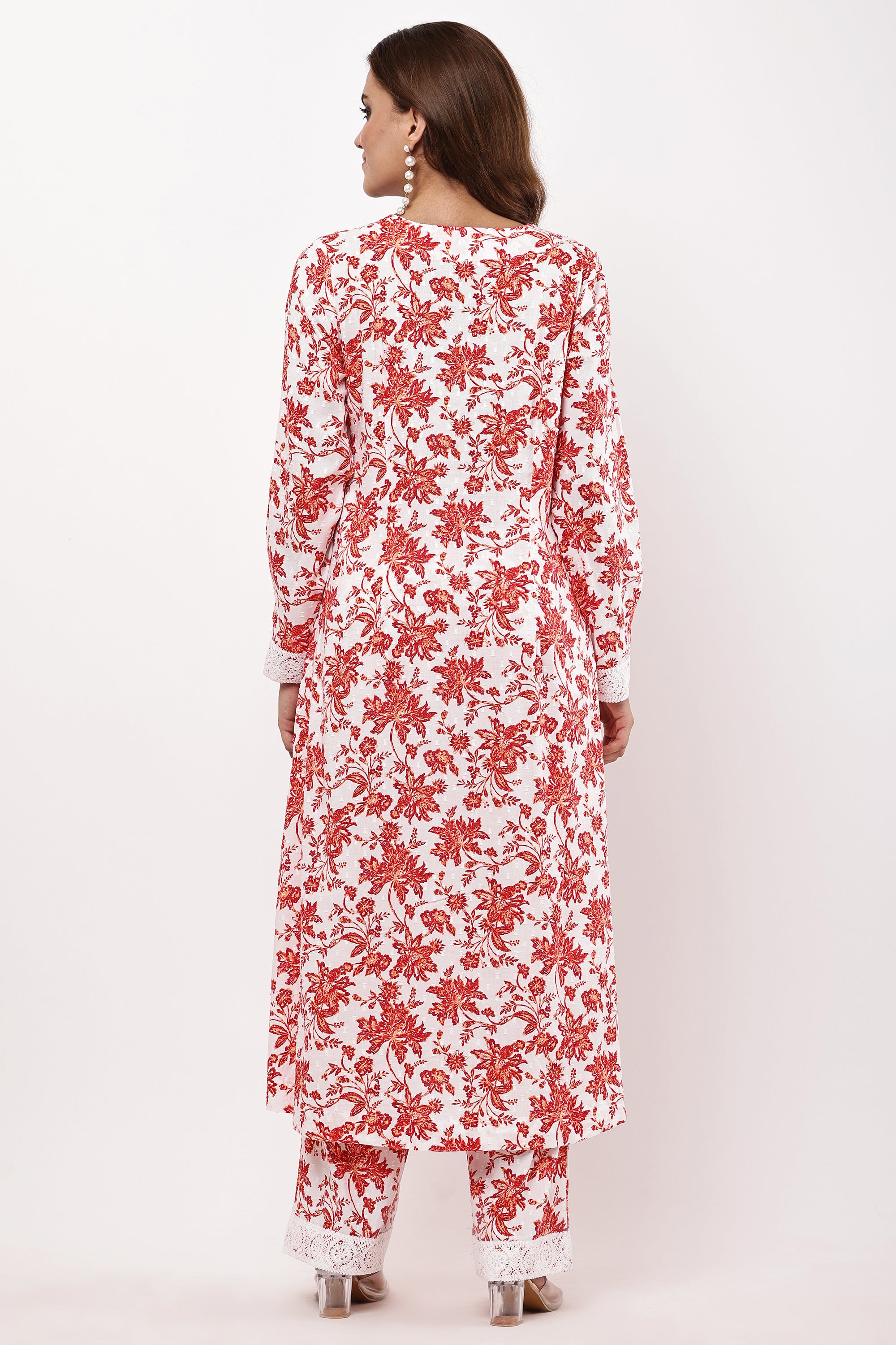 Samayanusar White & Red Floral Printed A-Line Kurta Set