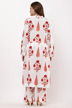 Samayanusar Women Off-White & Red Floral A-Line Suit Set