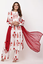 Samayanusar Women Off-White & Red Floral A-Line Suit Set