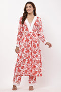 Samayanusar White & Red Floral Printed A-Line Kurta Set