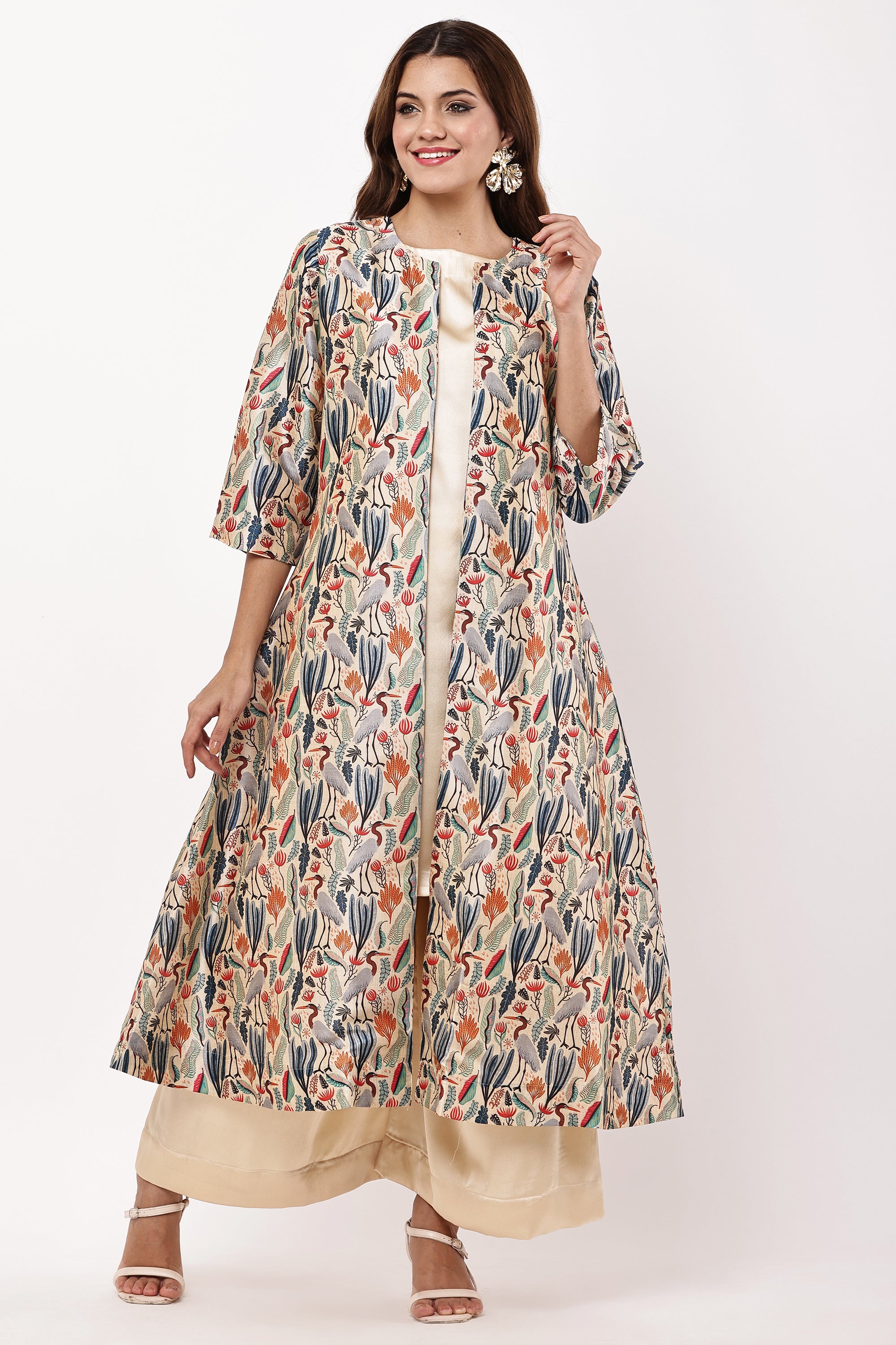 Samayanusar Women Beige & Multicoloured Printed Kurta Set with Jacket