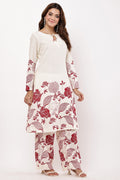 Samayanusar Women Off-White & Maroon Floral A-Line Co-ord Set