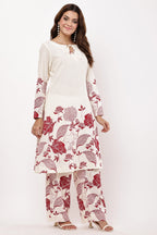 Samayanusar Women Off-White & Maroon Floral A-Line Co-ord Set