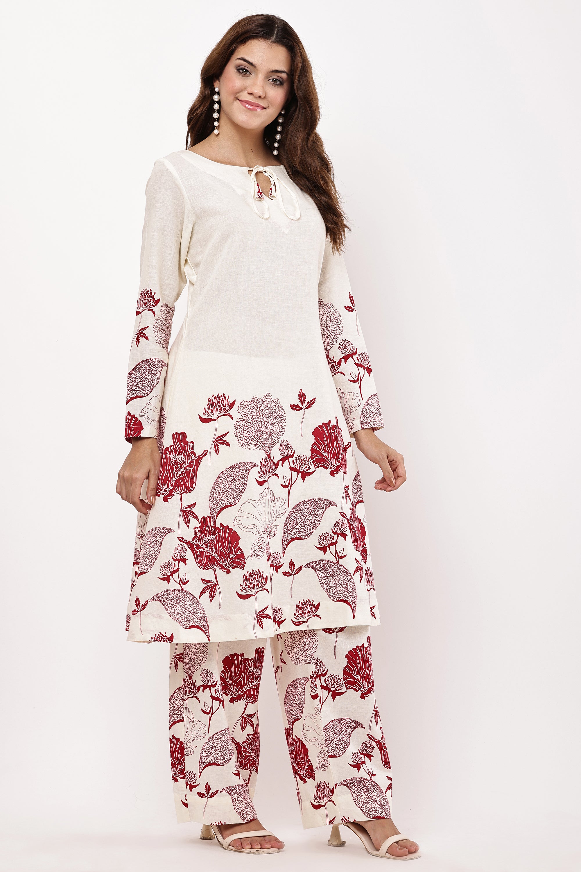 Samayanusar Women Off-White & Maroon Floral A-Line Co-ord Set