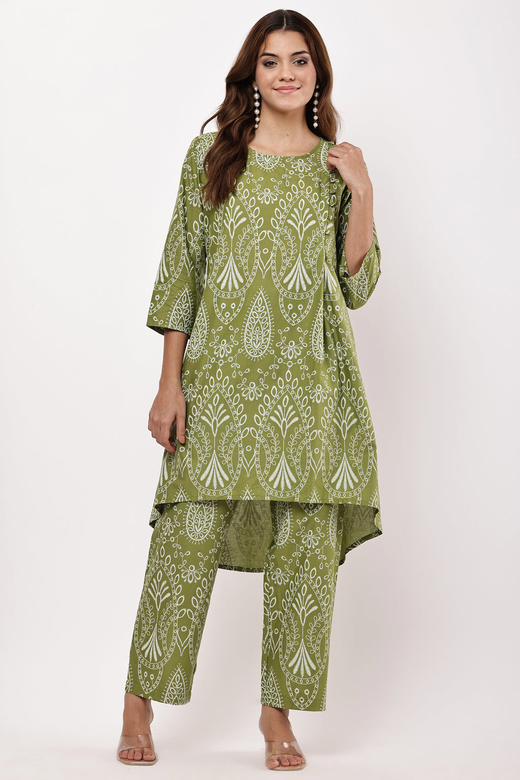 Samayanusar Olive Green Ethnic Motif Printed Co-ord Set