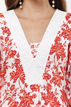 Samayanusar White & Red Floral Printed A-Line Kurta Set