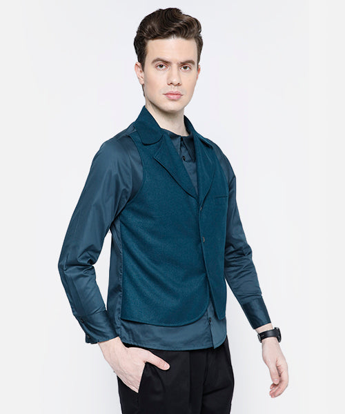 SAMMYUKK Lapel Collar Attached Vest Shirt - Sea Green