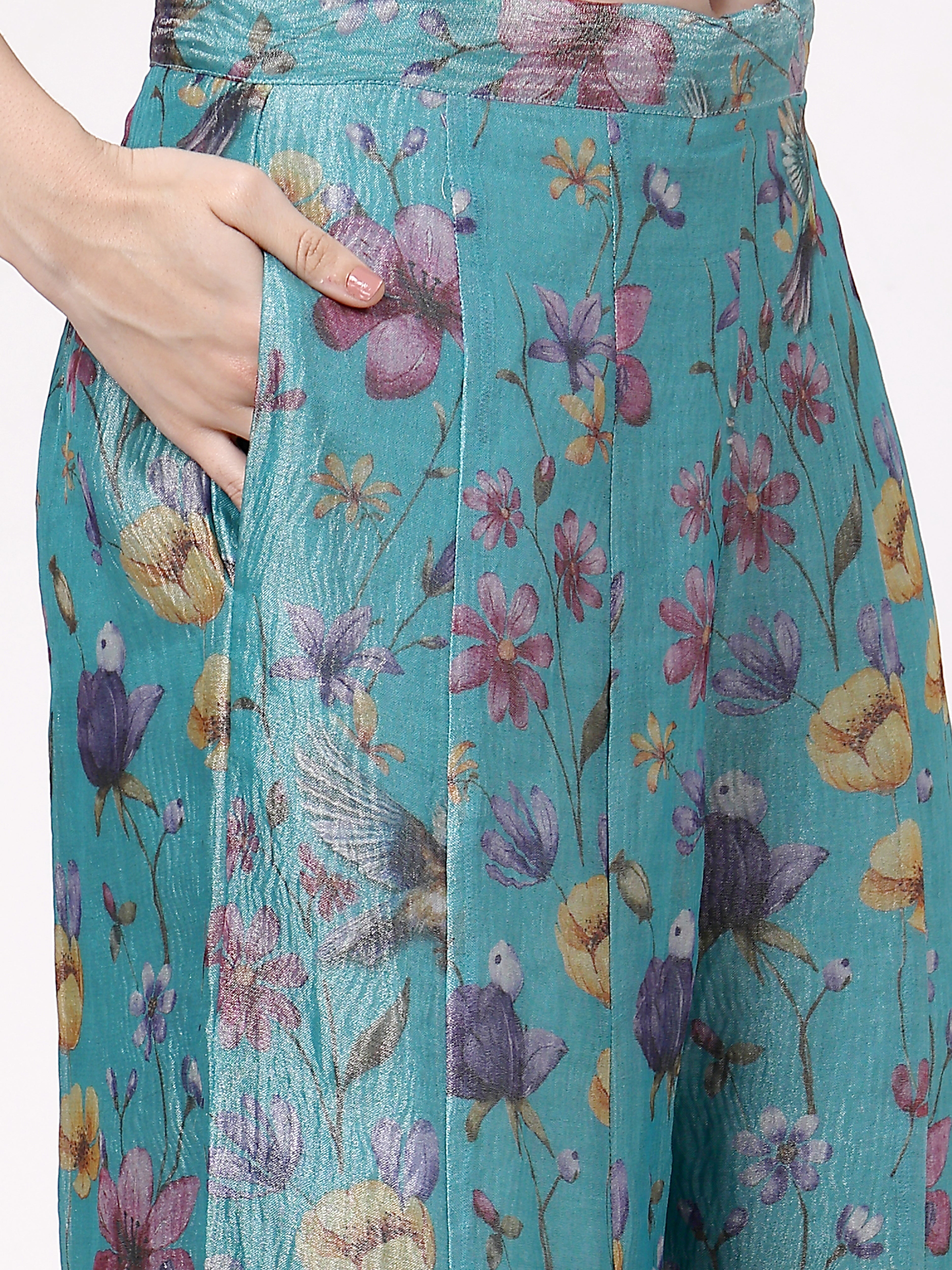 ShopKapaas Turqouise Floral Sharara Set - Without Dupatta